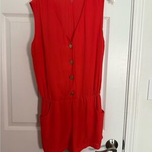 Reddish Orange Button-Up Sleeveless Romper
